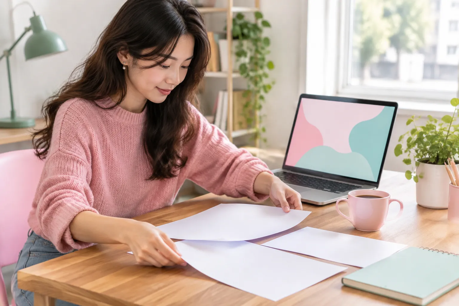 Woman arranging papers at desk beside laptop and coffee.