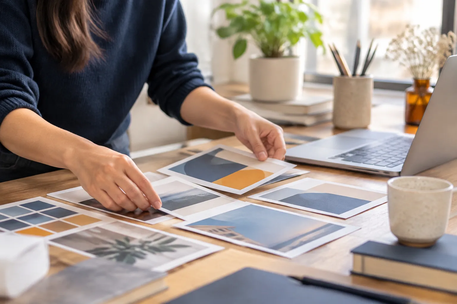 Designer arranging printed color boards beside laptop desk plants