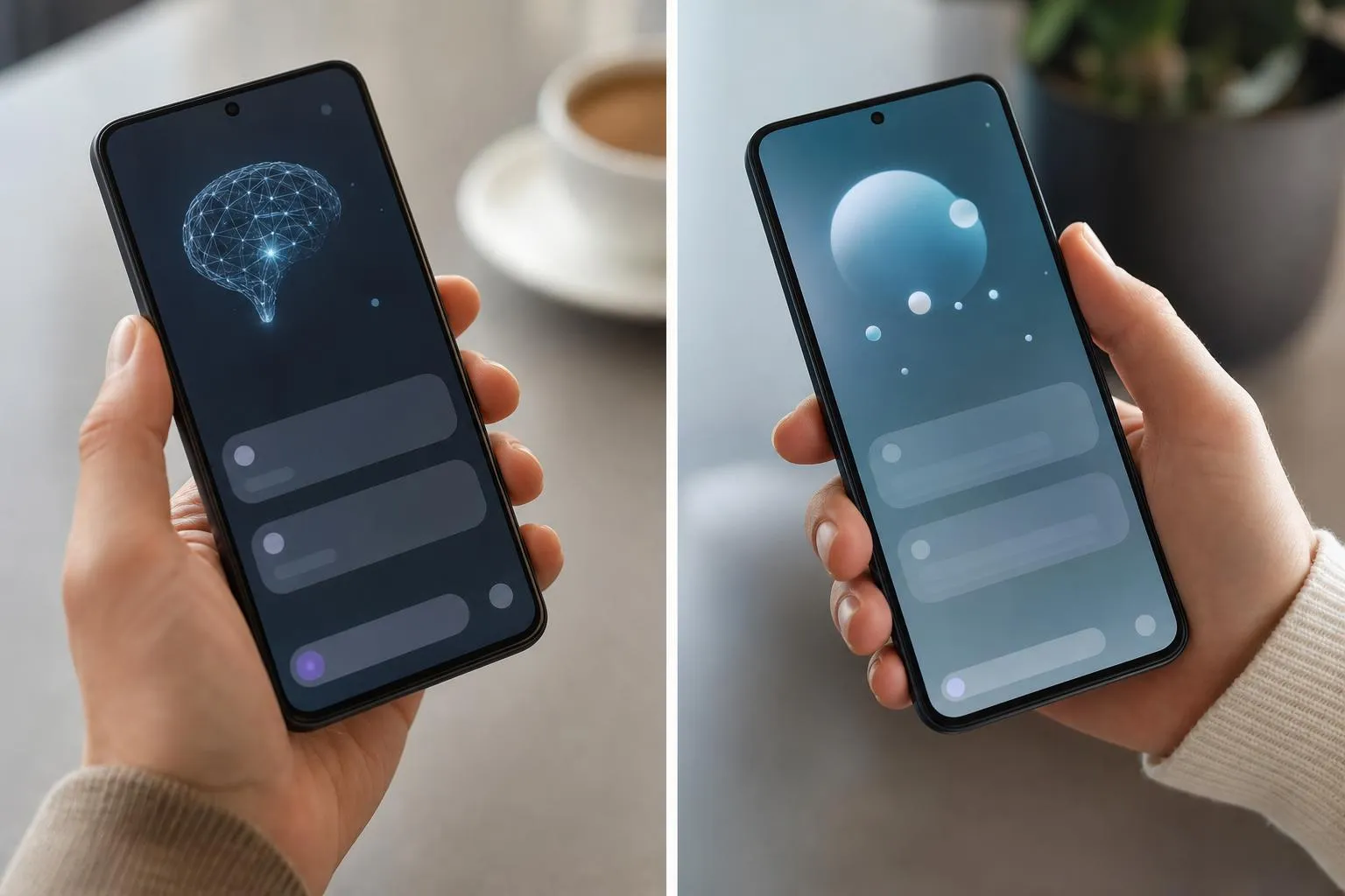 A brain-shaped graphic on one phone, a space-themed wallpaper on another.