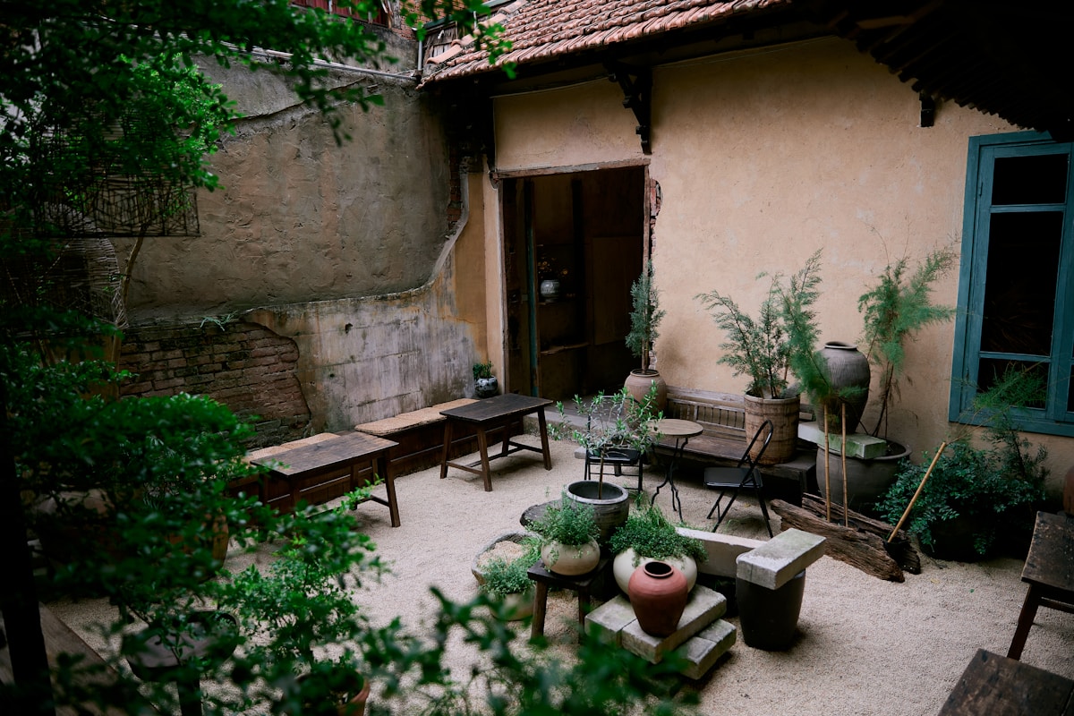 Courtyard with plants and wooden benches