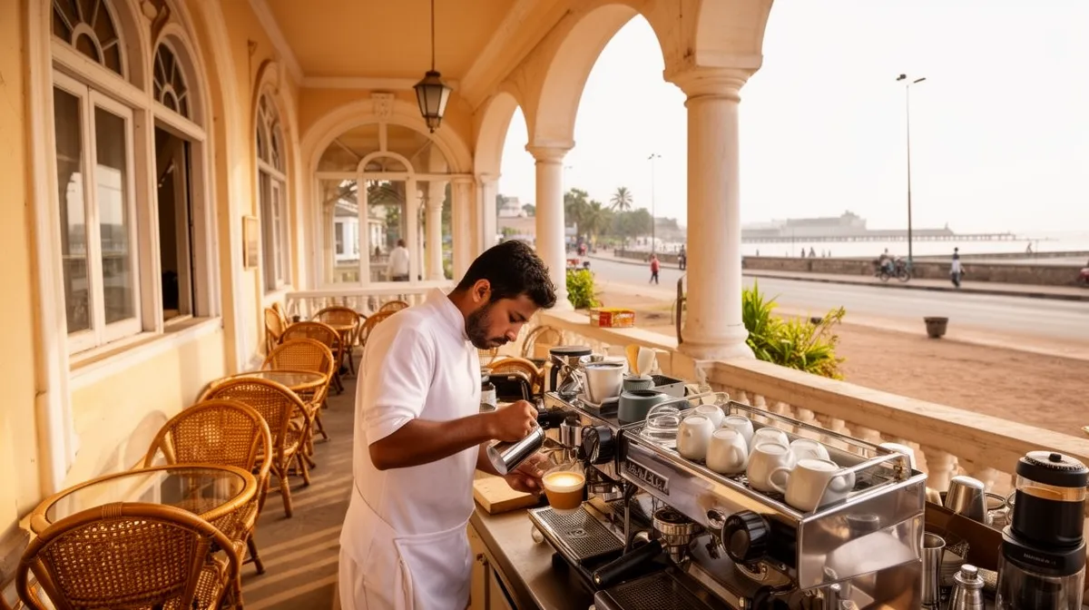 A barista preparing coffee in an ornate, outdoor cafe setting.