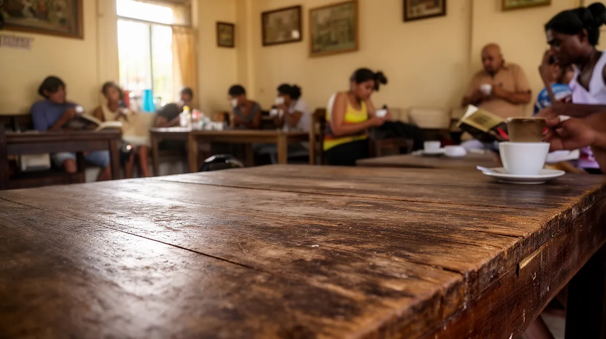 Rustic wooden table, cozy cafe setting, people studying and conversing.