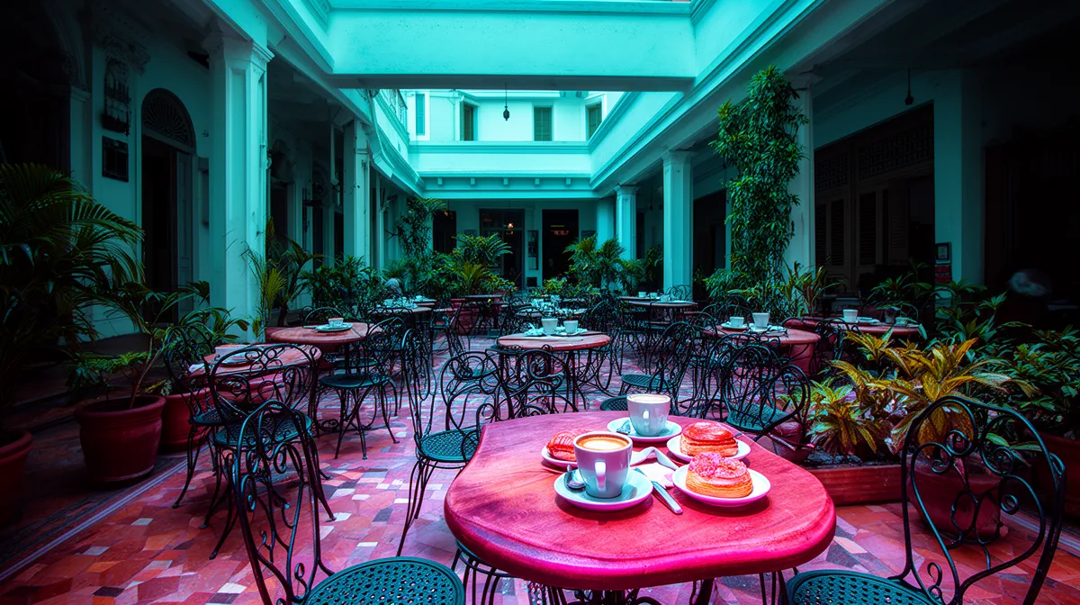 Vibrant, lush indoor courtyard with colorful tables and chairs.