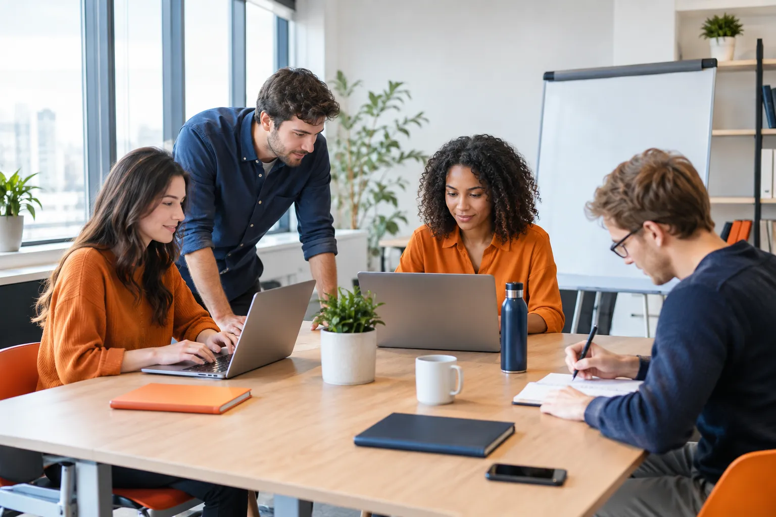 Four coworkers collaborating around laptops at office conference table