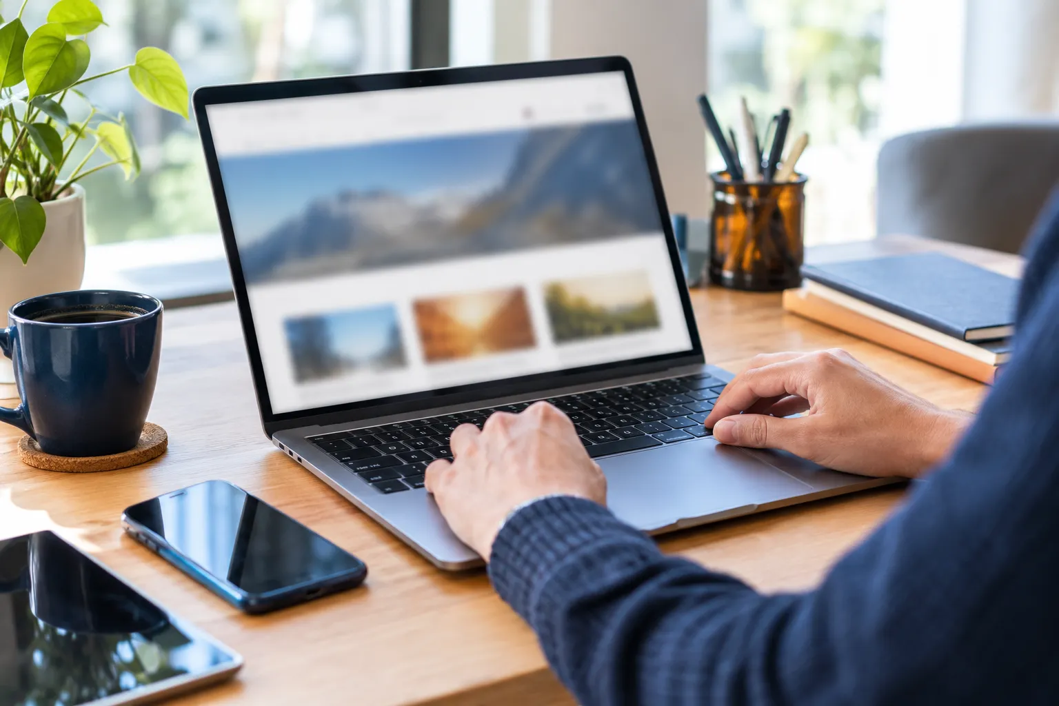 Person working on laptop at sunlit wooden desk