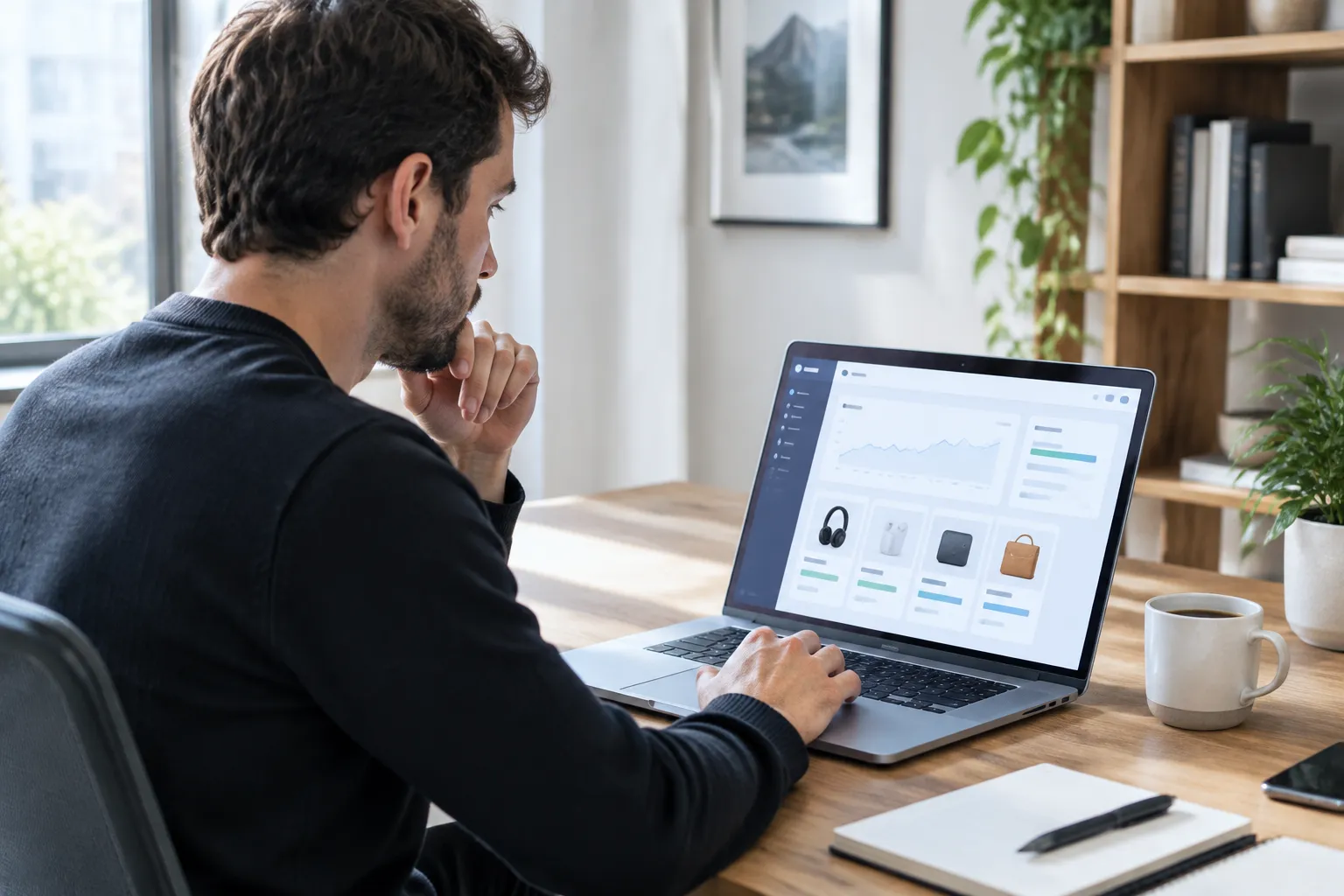 A man in a black sweater working on a laptop computer.