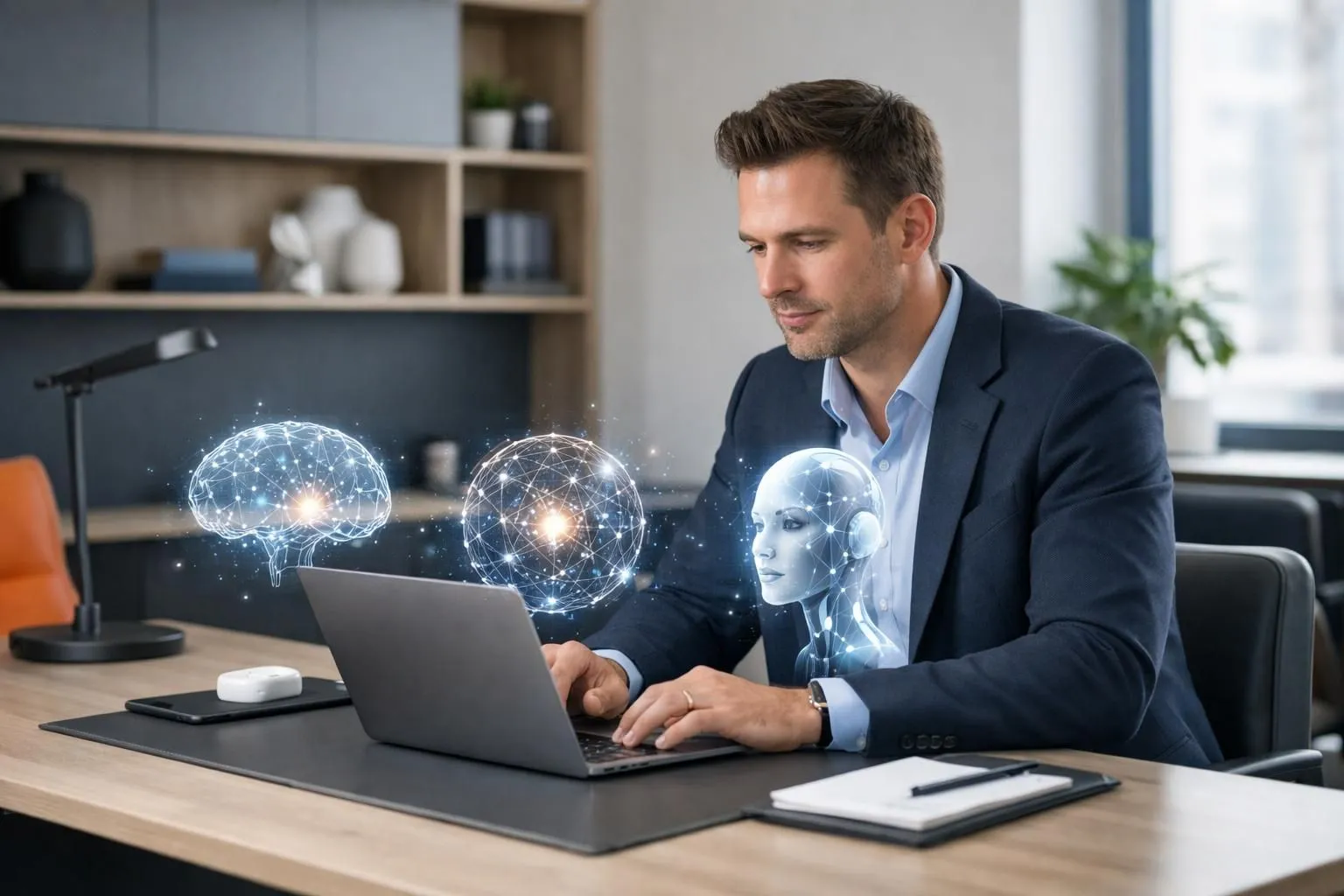 Tech entrepreneur at modern desk selecting domain names on laptop screen, AI neural network visualizations floating holographically above workspace, sleek contemporary office environment with digital innovation elements, professional business setting