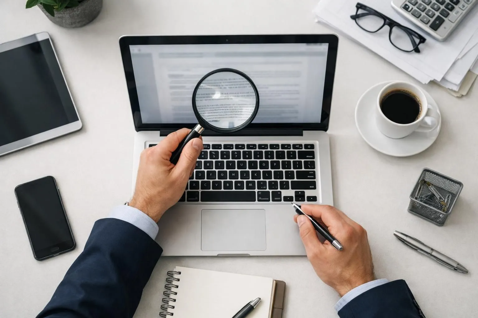 Business professional examining hidden clauses in domain registration contract on laptop screen, office setting with magnifying glass highlighting fine print, modern workspace with domain renewal cost charts visible in background, realistic corporate photography style