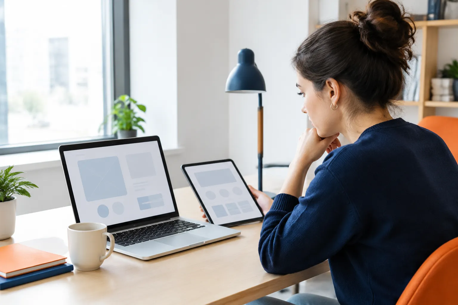Woman working at laptop and tablet in bright home office