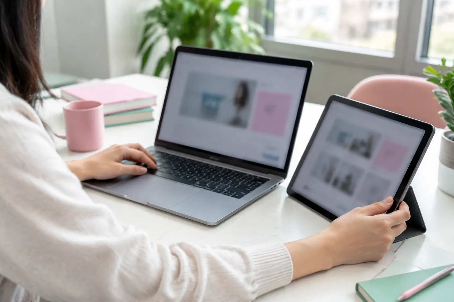 Woman using laptop and tablet at bright workspace