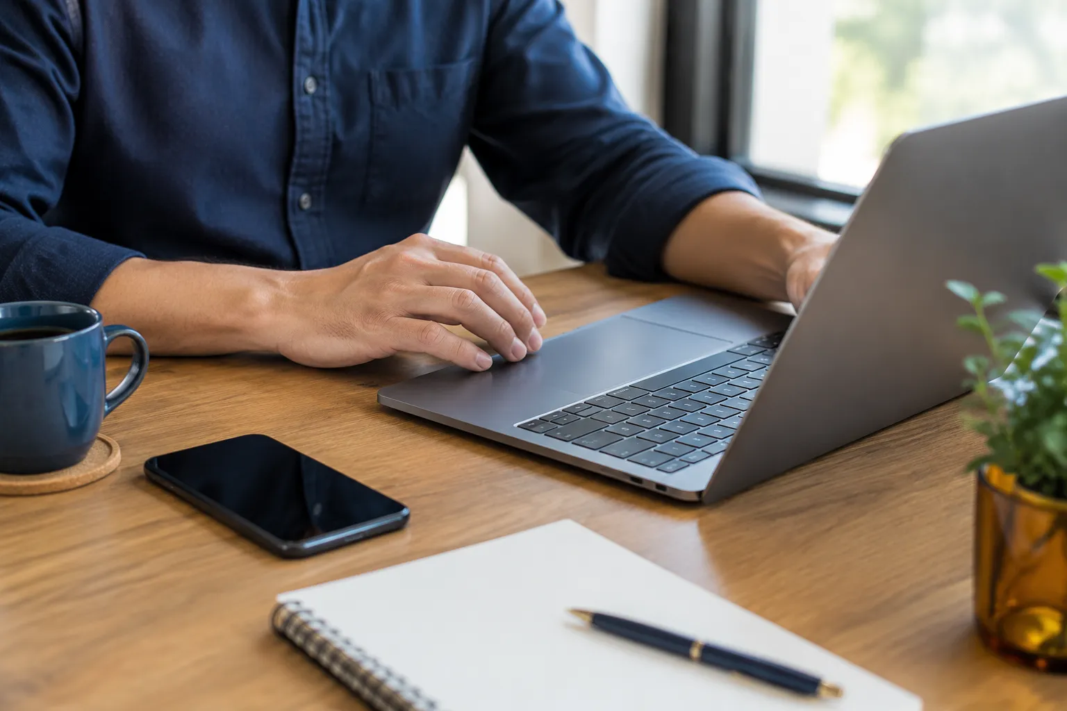Person working on laptop at wooden desk with coffee, phone, notebook