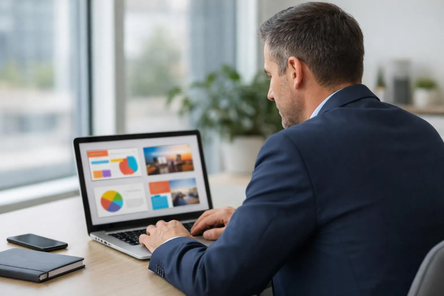 A businessman working on a laptop displaying data visualizations.