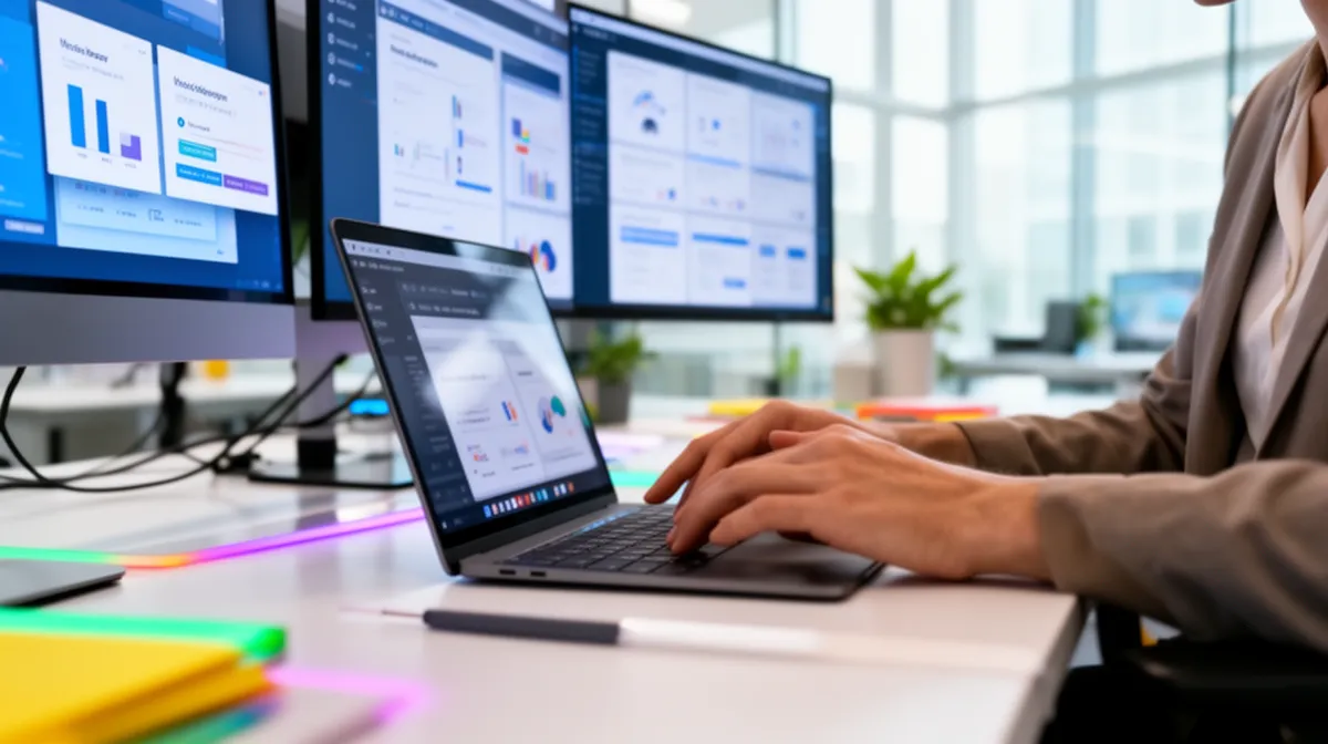 Hands typing on laptop, multiple monitors displaying data analytics.