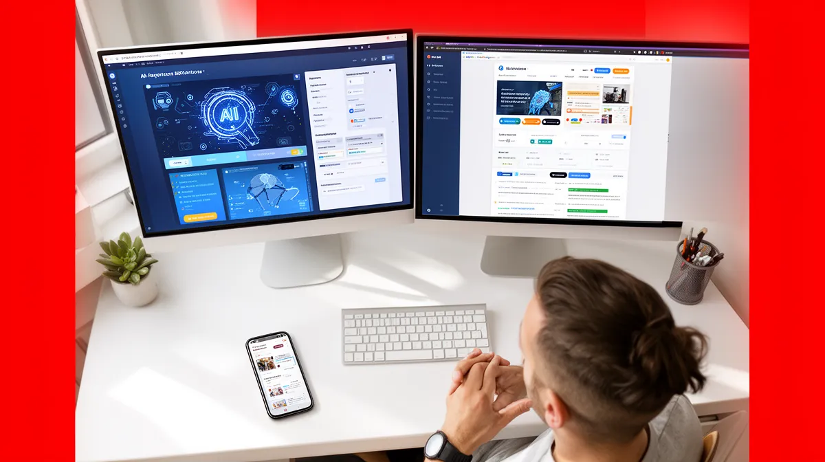 Person working on multiple computer screens displaying digital technology and applications.