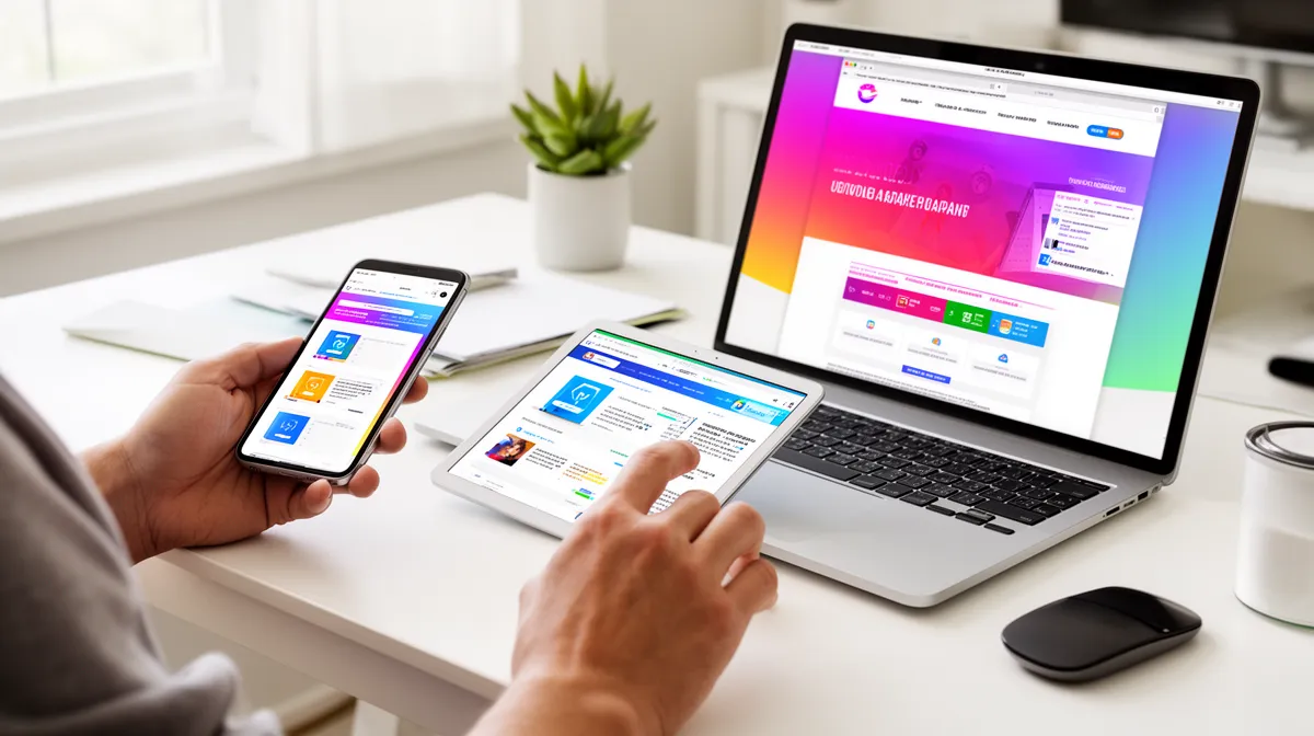 Laptop, smartphone, and tablet displaying digital content on a desk.