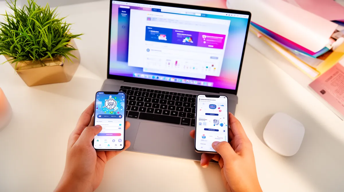 Laptop, smartphones, and a potted plant on a desk.