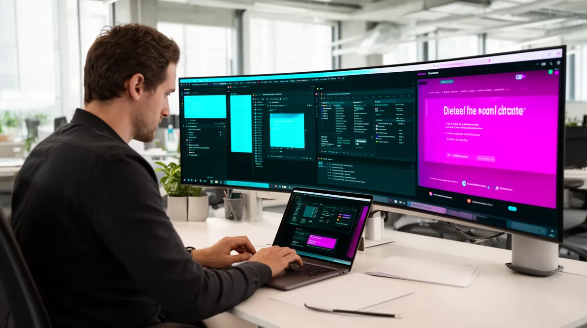 A man working on a laptop with multiple computer screens displaying programming interfaces.