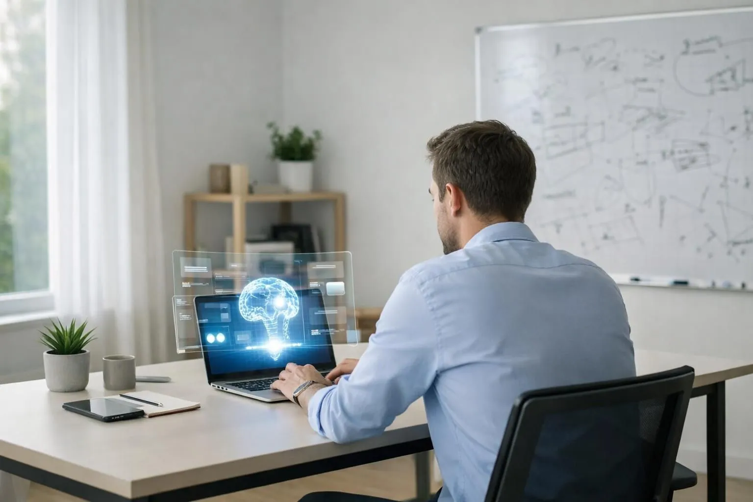 Entrepreneur at modern desk using laptop with AI holographic interface designing website, split screen showing traditional messy whiteboard sketches versus clean AI-generated layouts, natural office lighting