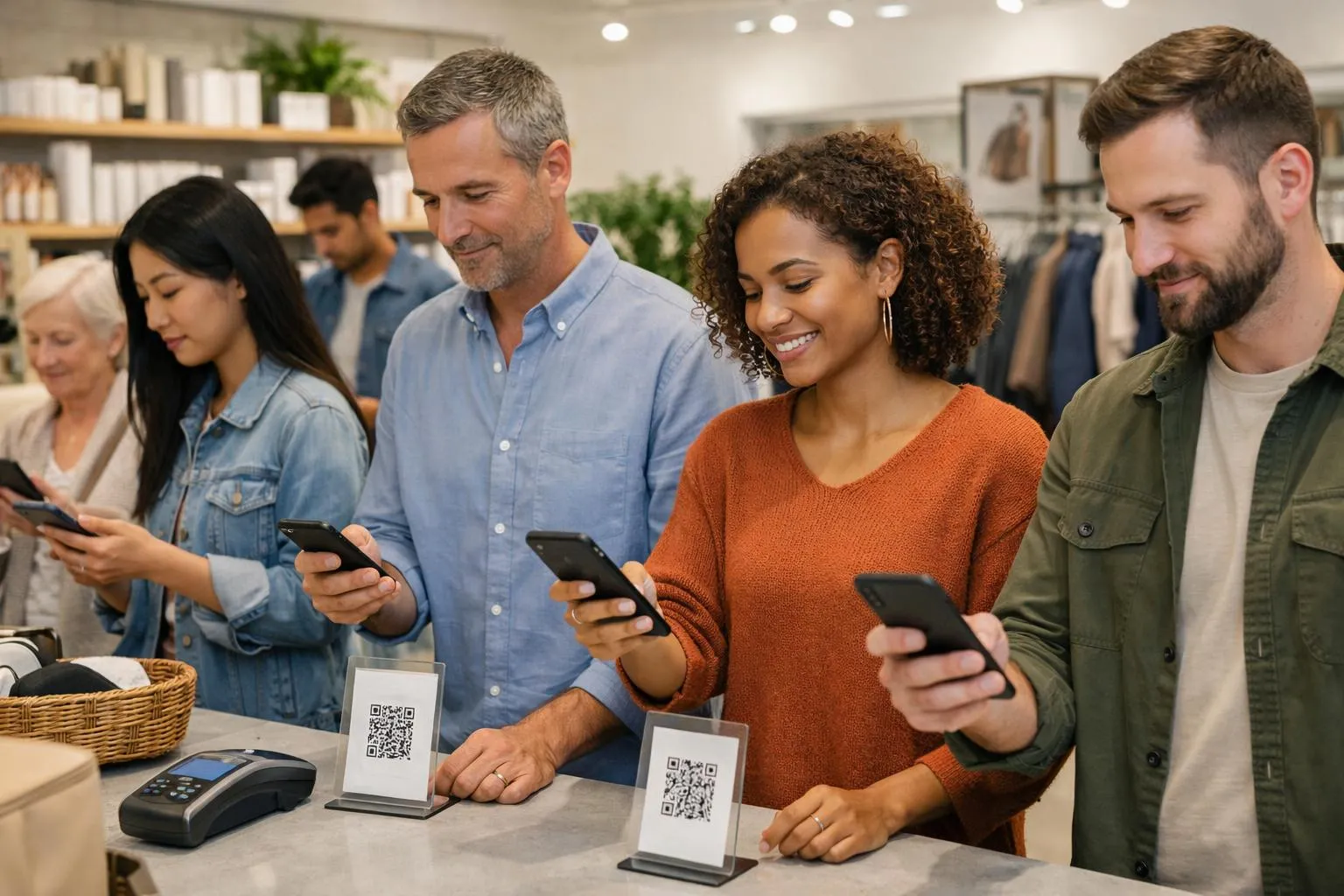 Diverse group of people using smartphones at a checkout counter.