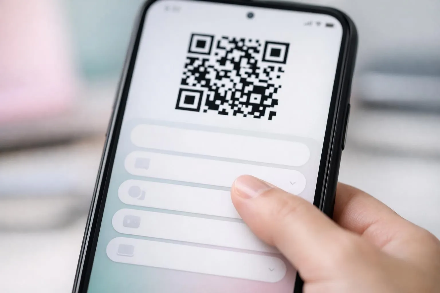 Smartphone displaying a QR code and input fields.