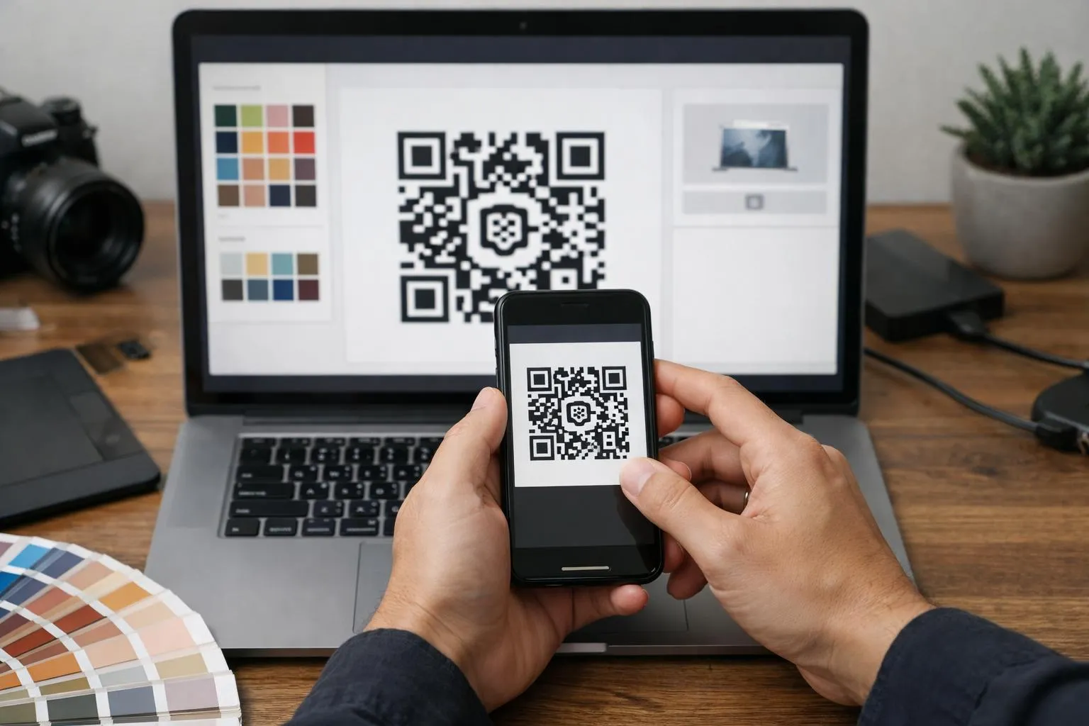Scanning QR code on smartphone displayed on laptop screen.