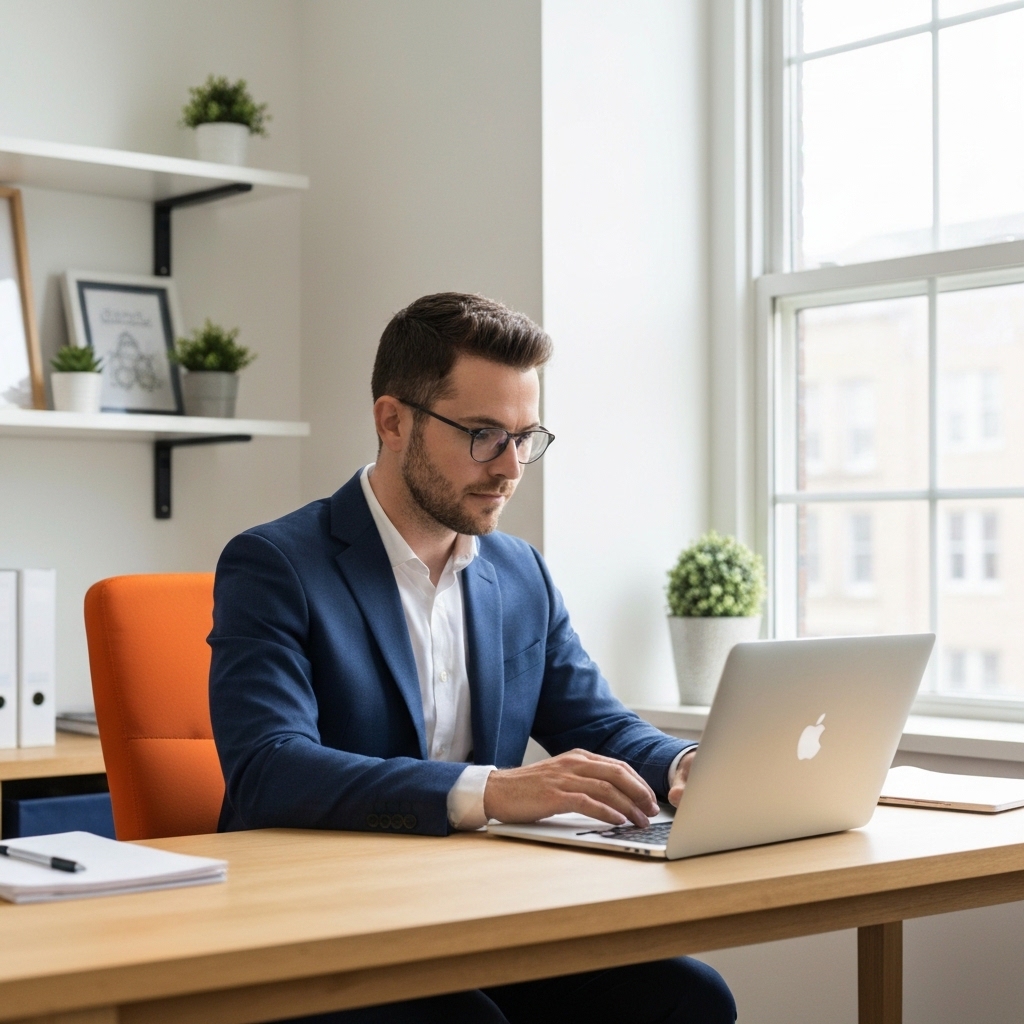 Entrepreneur working on laptop in bright modern office space with natural lighting streaming through windows, professional focused on screen displaying website interface