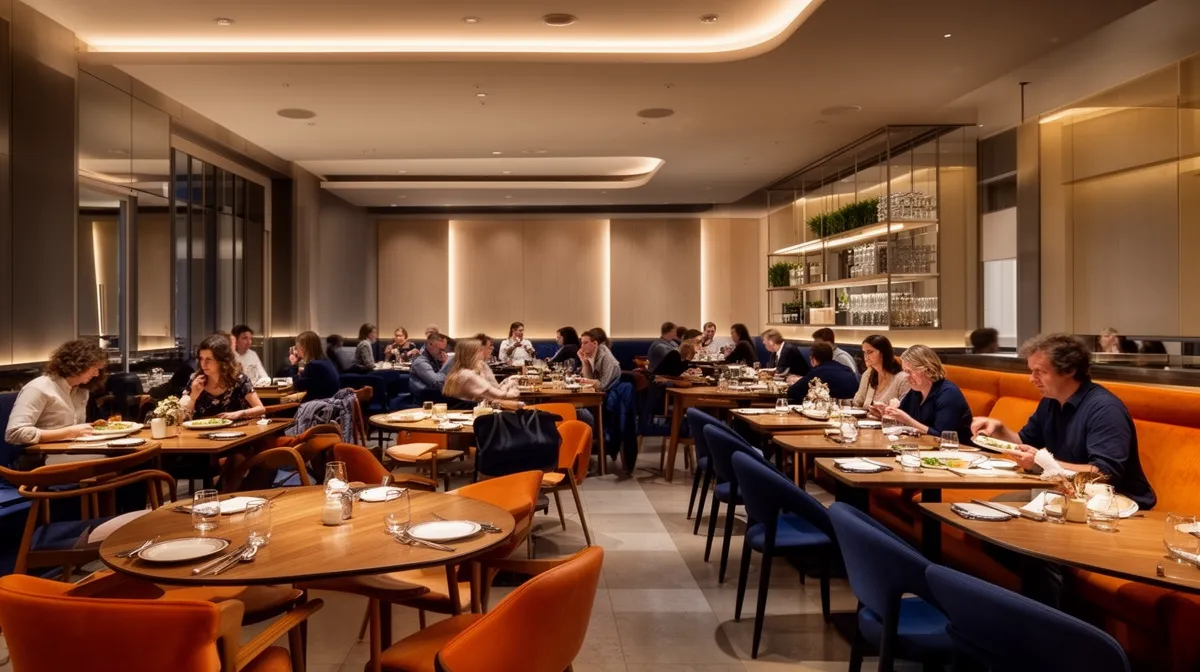 Elegant restaurant interior with diners enjoying meals at tables.