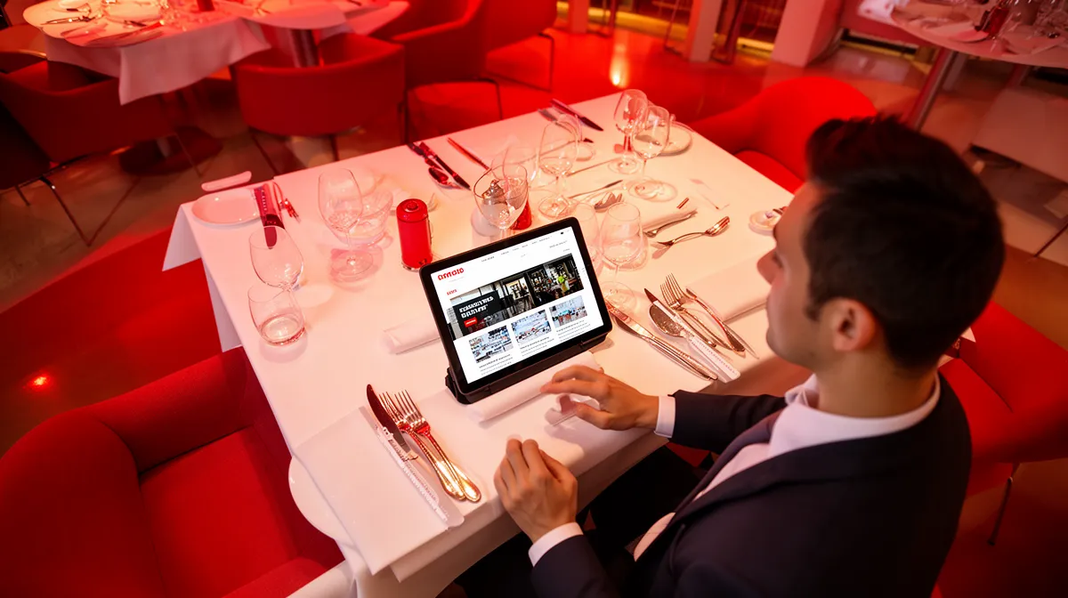 A person in formal attire using a tablet at a table.