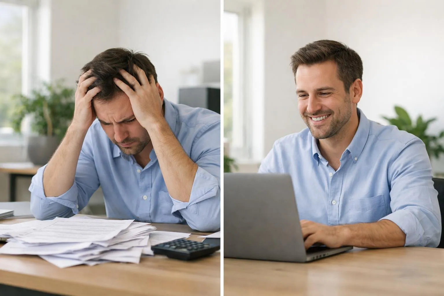 Stressed man versus happy man working on laptop.
