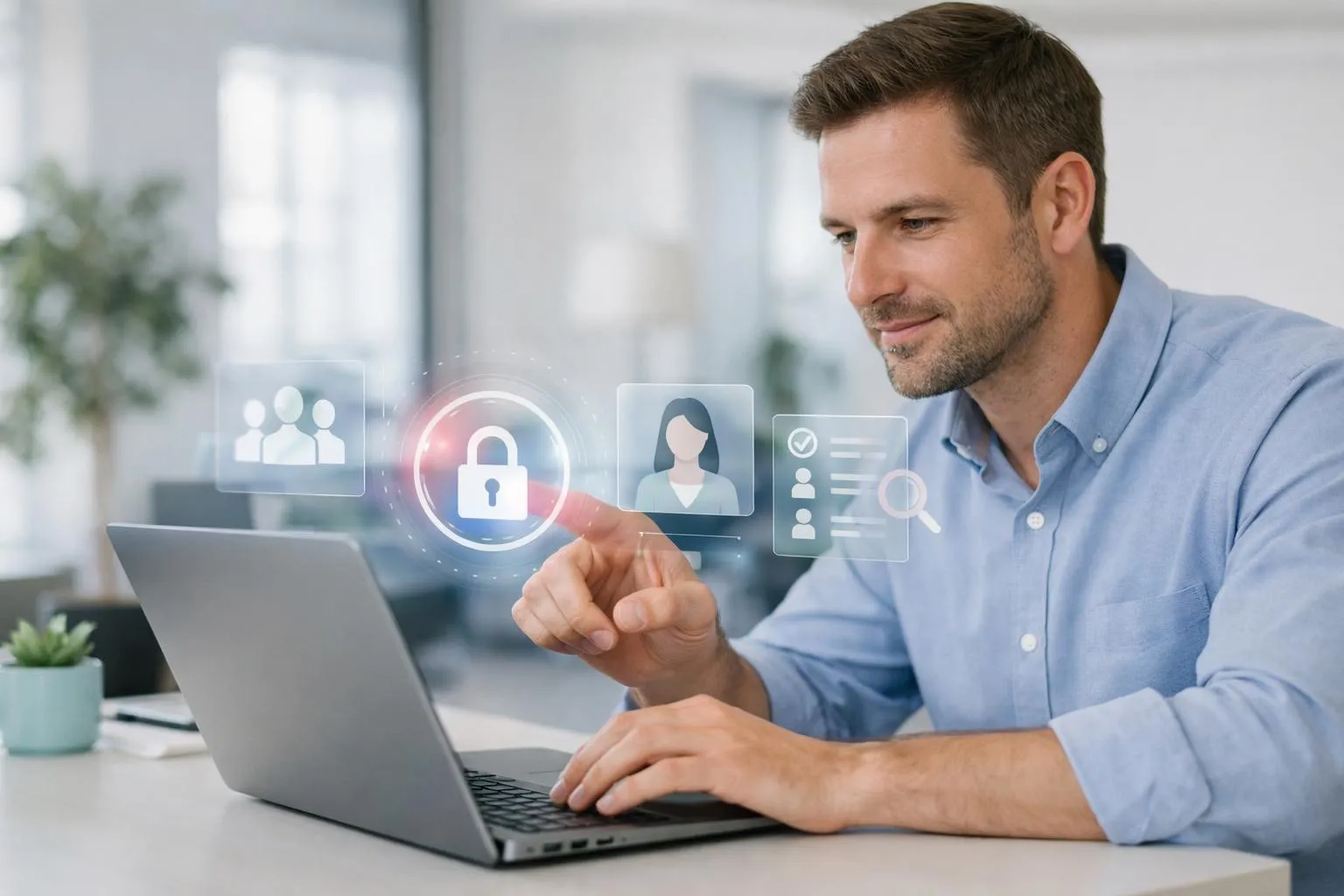 Businessman working on laptop, interacting with security icons.