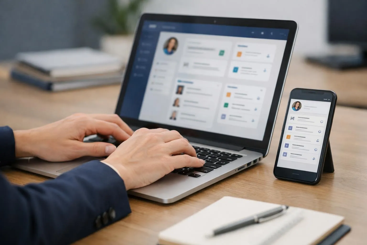 Person using laptop and smartphone on desk, workplace setting.