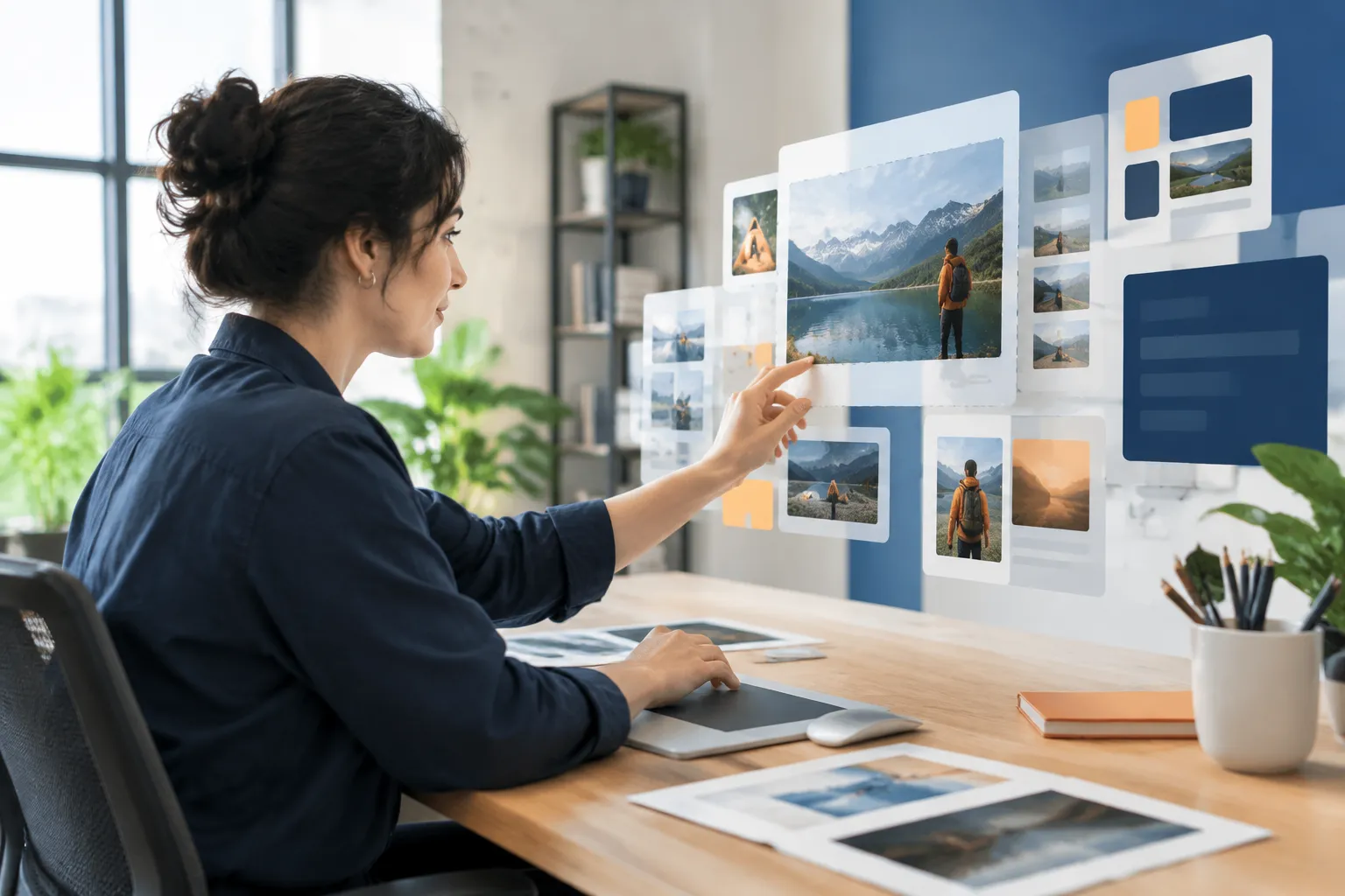Designer arranging mountain travel photos on digital moodboard