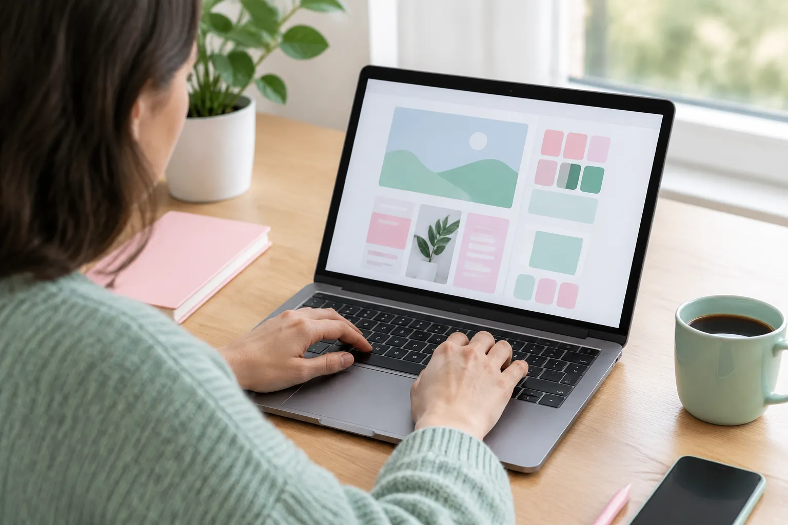Woman designing a pastel webpage on laptop at desk