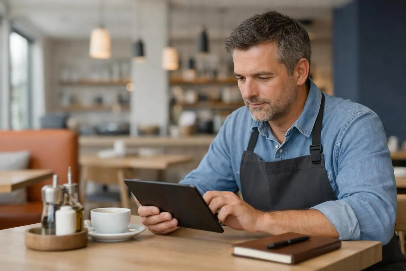 Restaurant owner analyzing website performance metrics on tablet device while sitting at cafe table with espresso cup, blurred dining customers visible in modern restaurant interior background, natural daylight streaming through windows