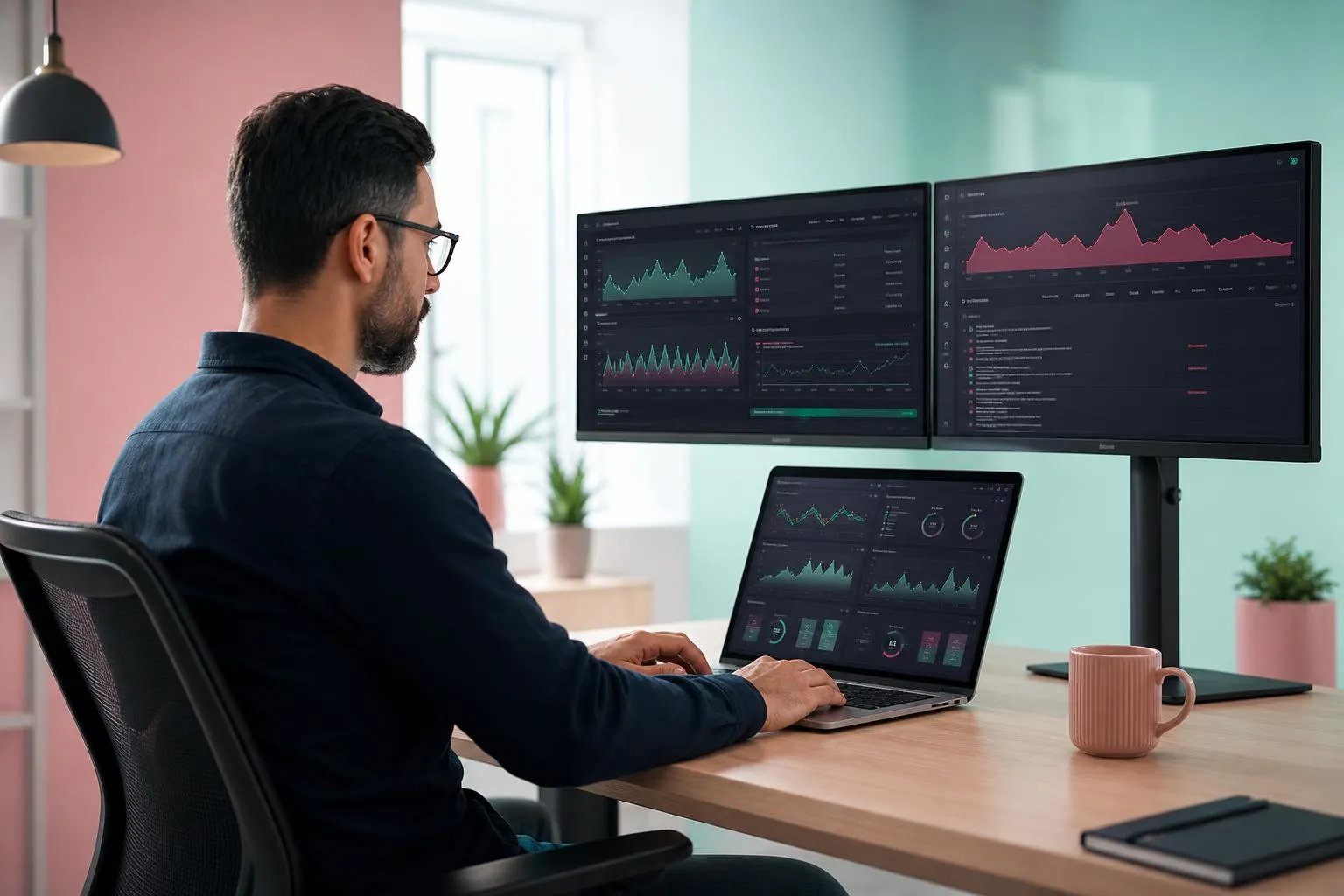 Businessman analyzing financial data on multiple computer screens.
