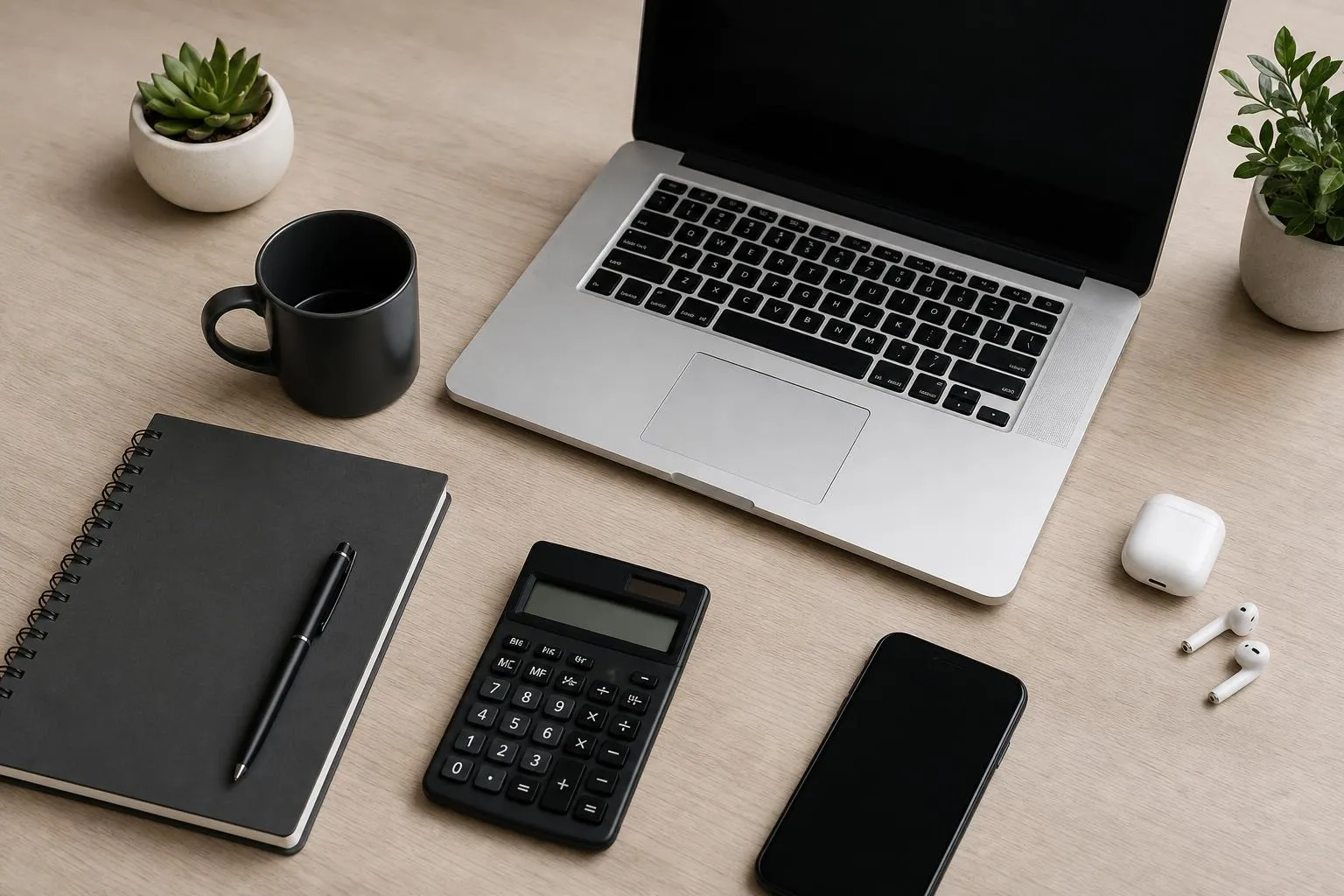Laptop, notebook, calculator, smartphone, and potted plant on a wooden desk.