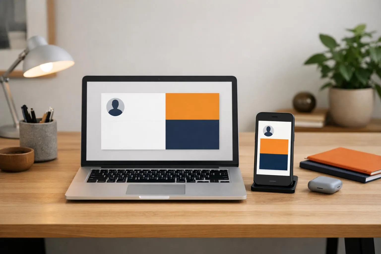 Laptop and smartphone displaying minimalist user profile icons.