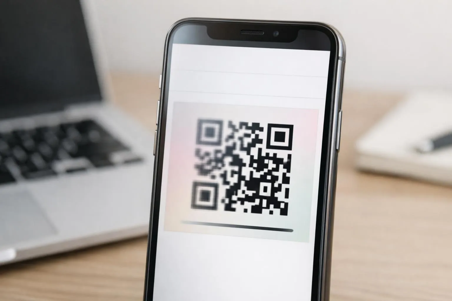 Smartphone displaying a QR code on a white screen.