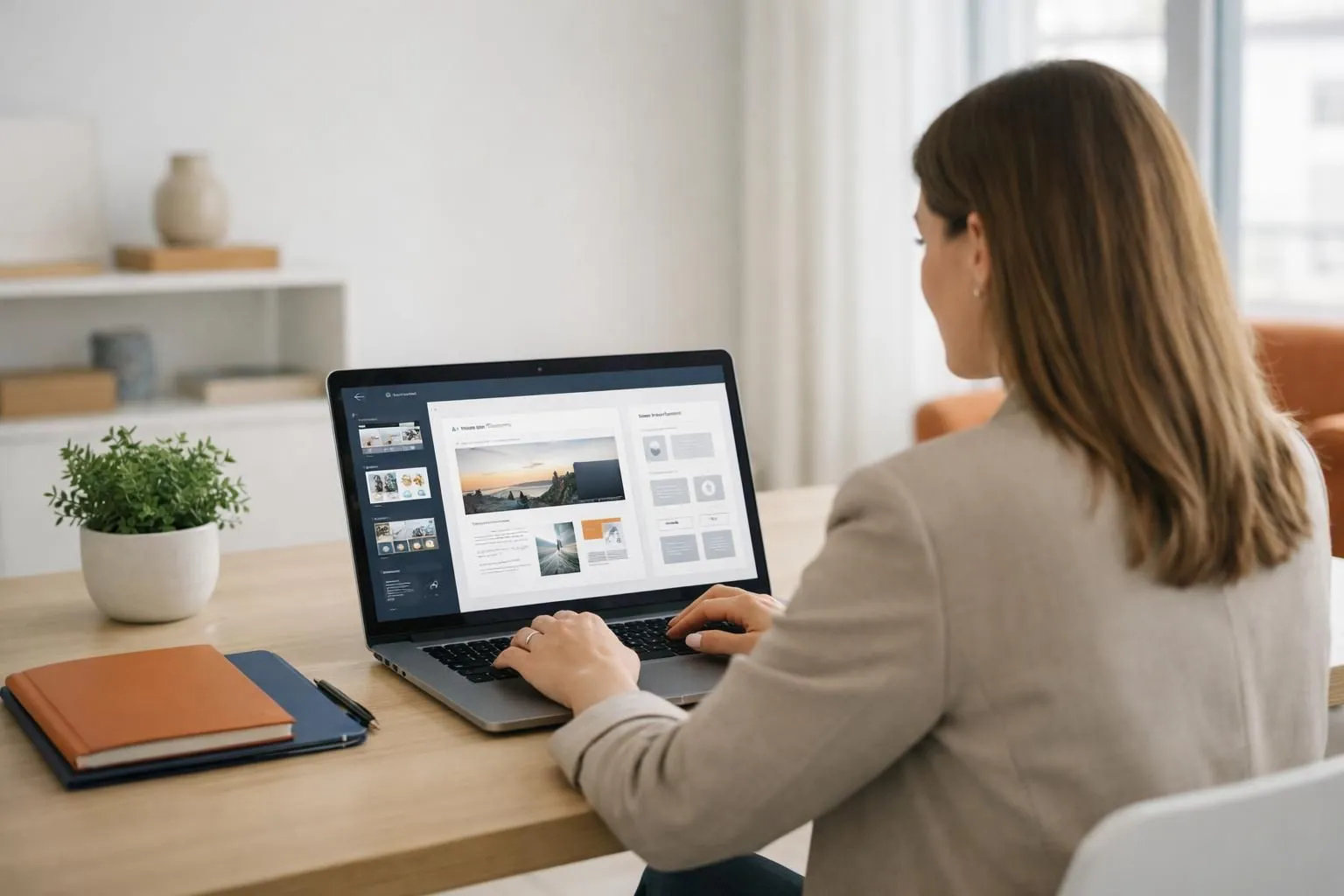 Business owner analyzing AI website builder dashboard on laptop screen showing automated design suggestions and content generation tools in modern office setting