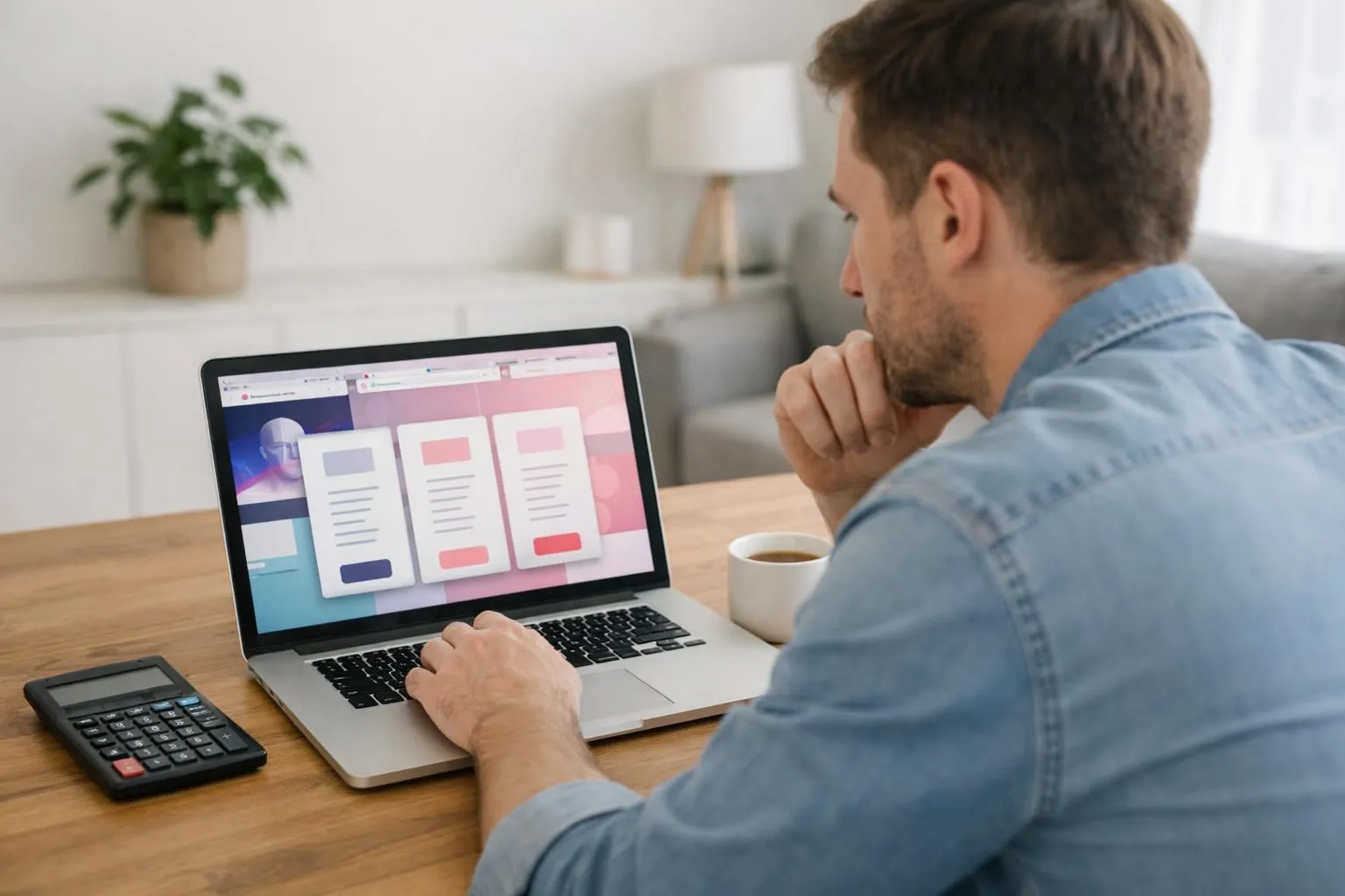 Business owner reviewing pricing comparison on laptop screen with calculator and coffee mug on wooden desk in bright home office workspace showing ai website features and pricing tiers displayed across multiple browser tabs