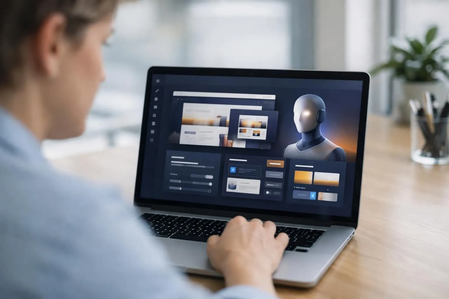 Modern laptop screen displaying website builder dashboard with AI assistant sidebar showing content suggestions, design previews, and feature controls, professional business owner reviewing interface in bright contemporary office
