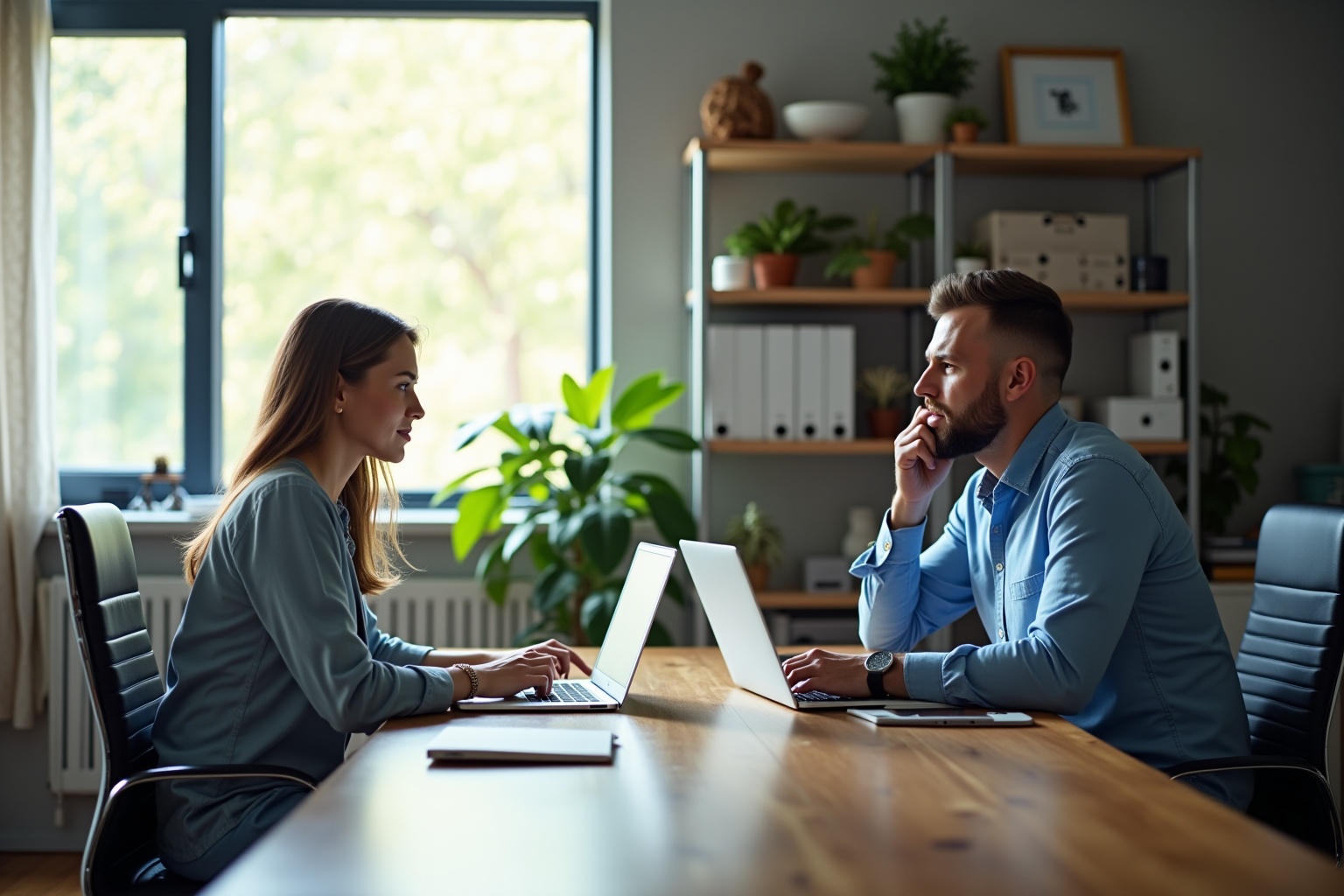Two people working together at a desk in an office.