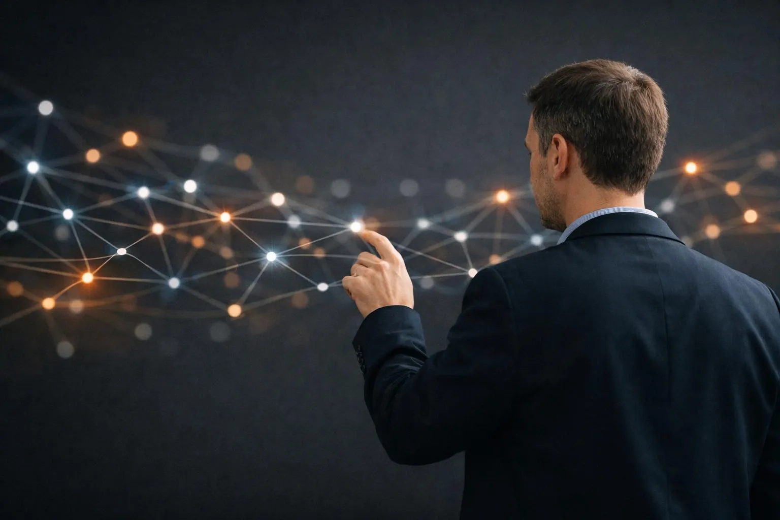 A man in a suit examining a digital network display.