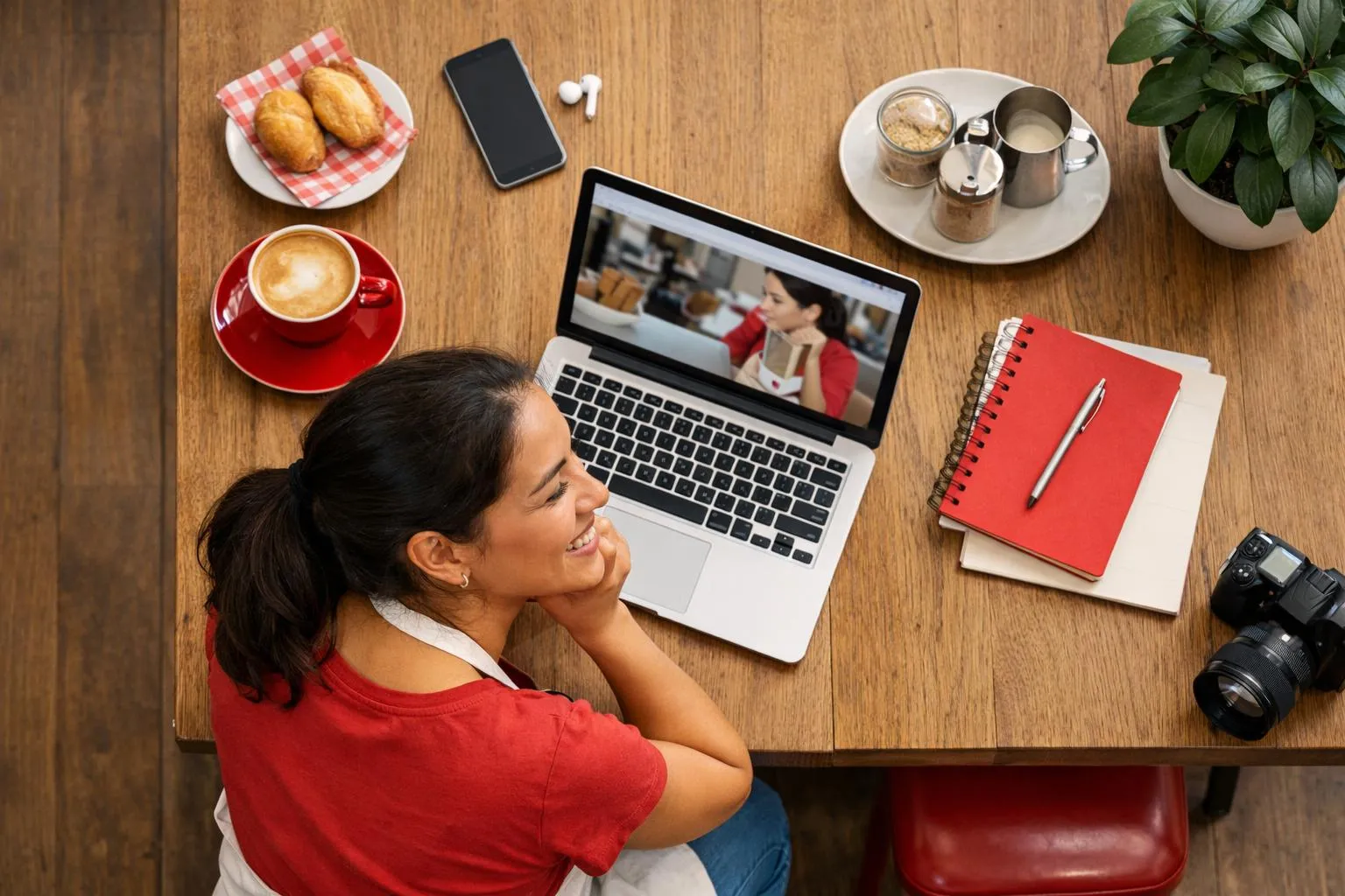 A woman working on a laptop, surrounded by coffee, snacks, and office supplies.