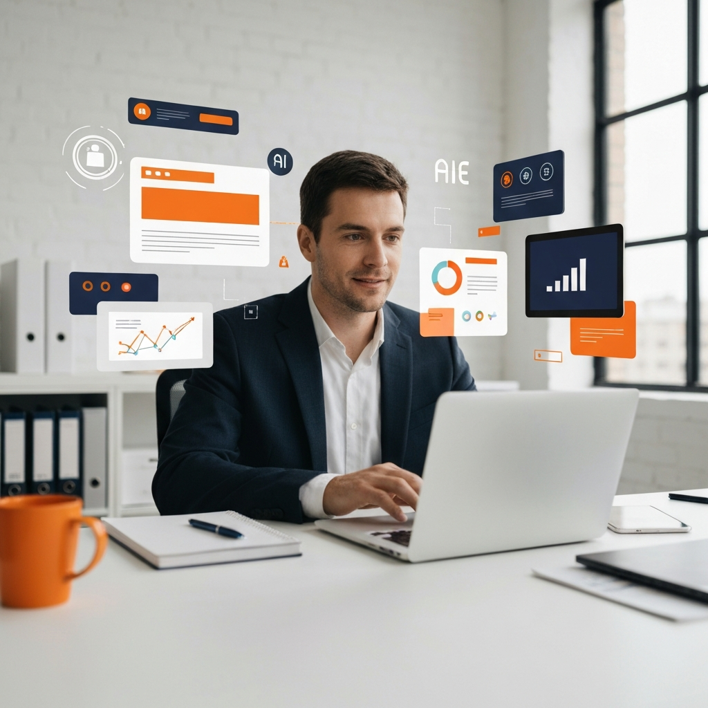 Small business owner sitting at laptop in modern minimalist office with floating holographic interface elements showing website components and AI symbols around the screen