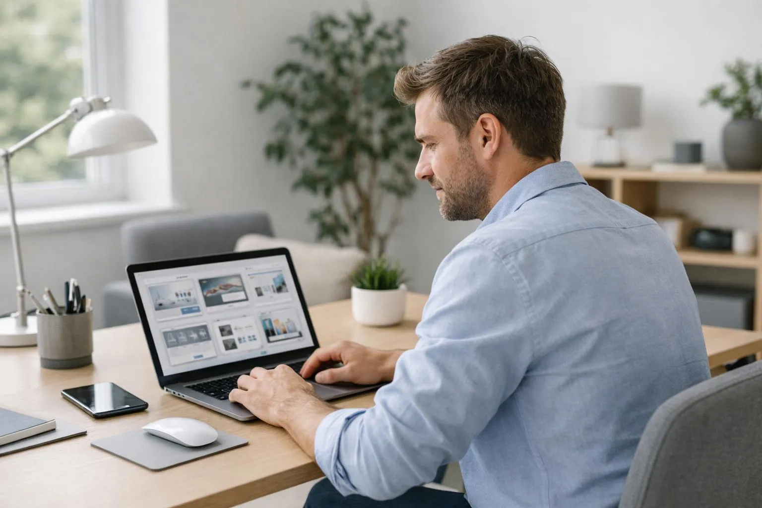 Professional entrepreneur at modern desk with laptop displaying multiple website mockups, AI interface elements floating around screen, clean office environment with natural lighting and digital workspace aesthetic