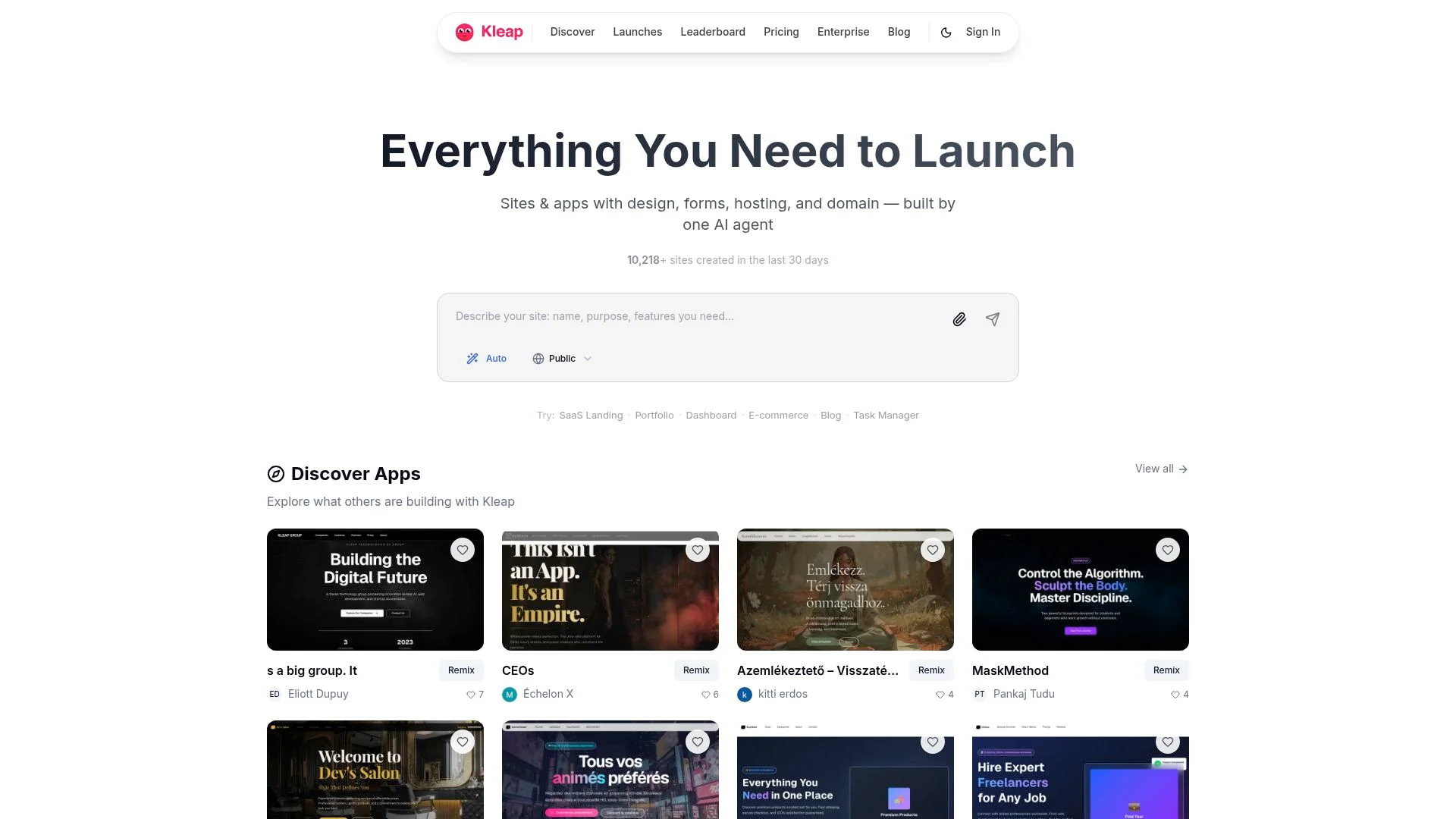 Sites and apps with design, forms, hosting, and domain built by one AI agent.