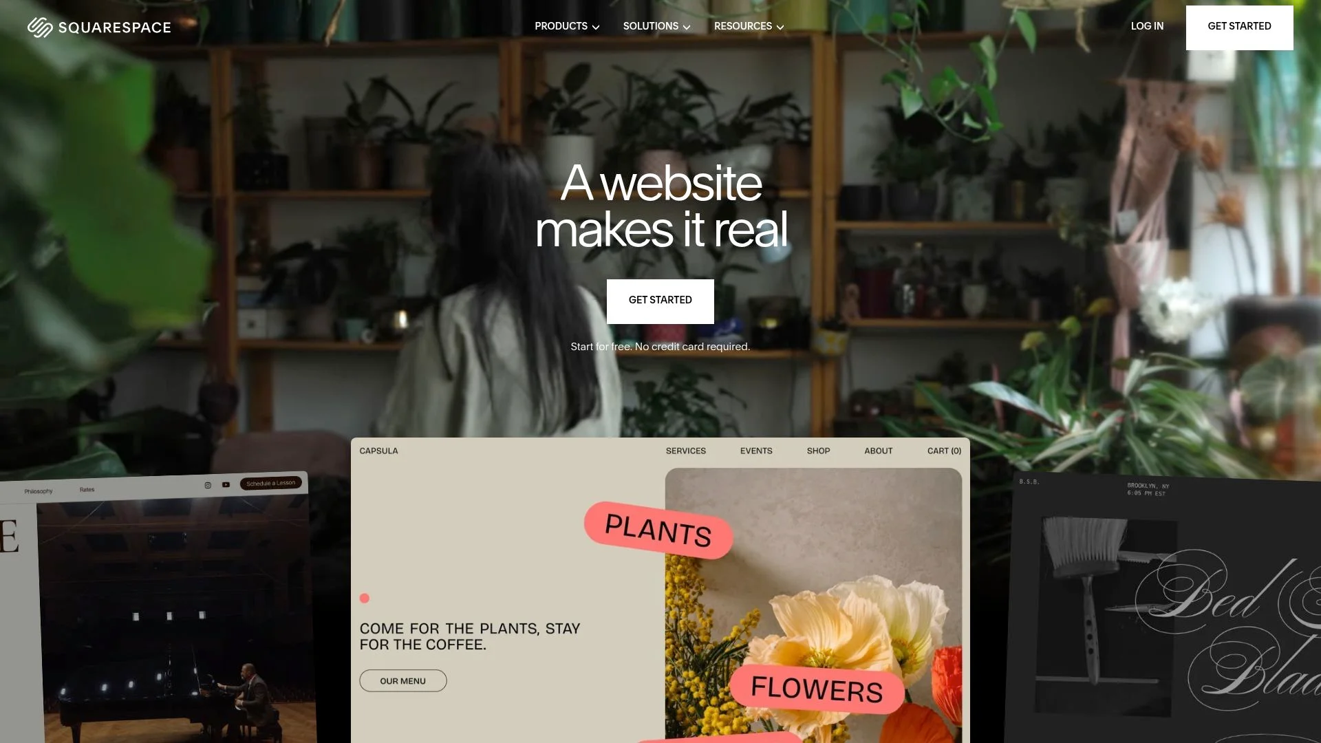 A website for a plant and flower shop, featuring a cozy, plant-filled interior.