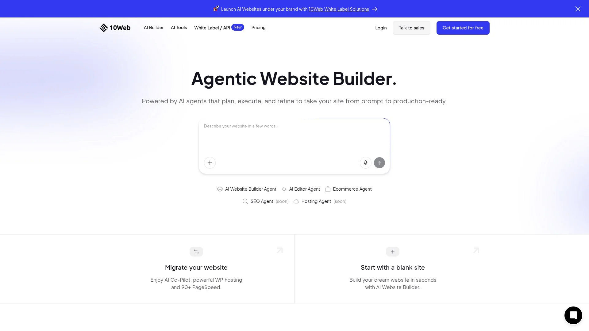 Agentic website builder powered by AI agents, offering migration and blank site options.