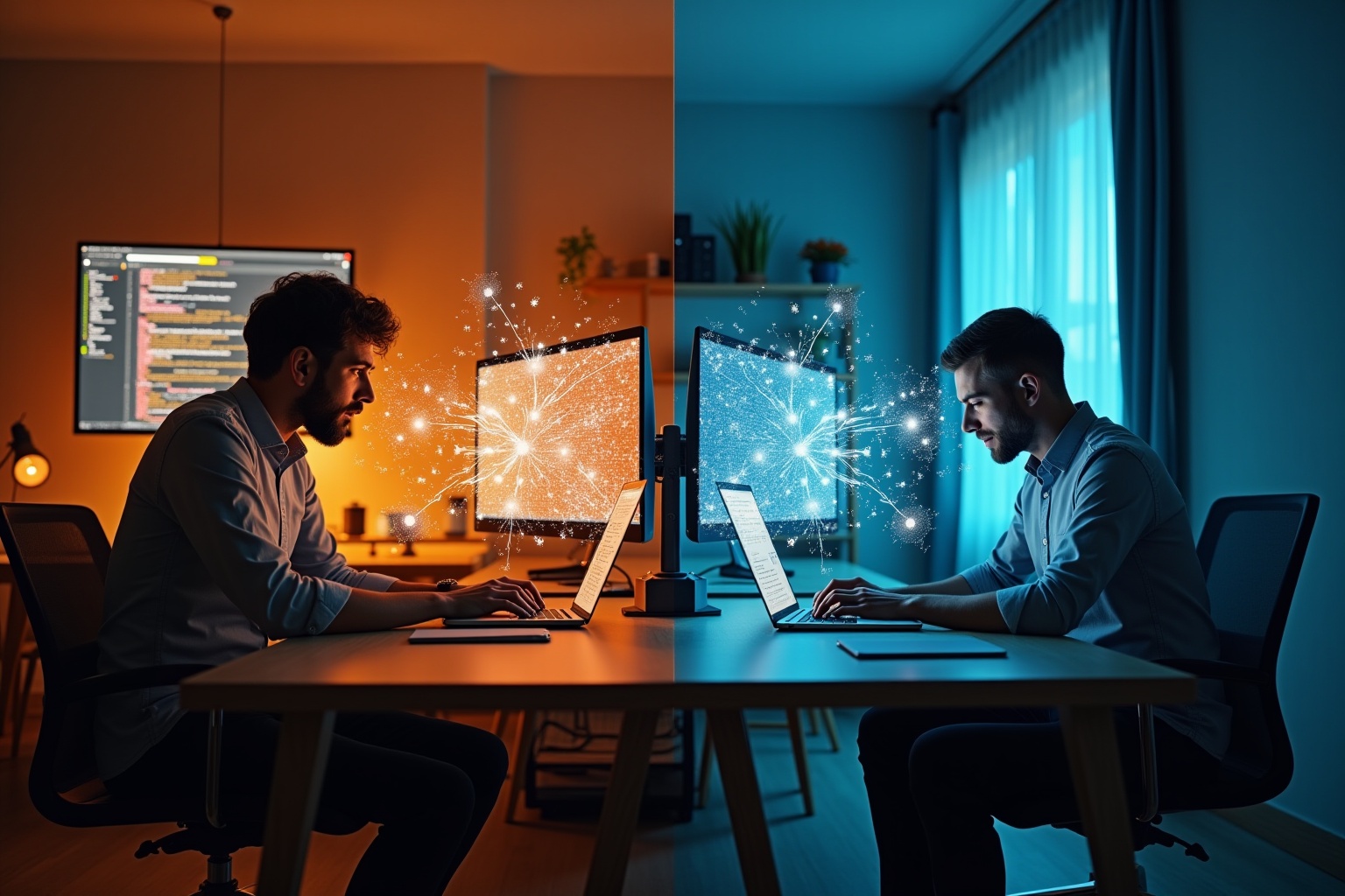 Two individuals working intently on computers in a dimly lit office.